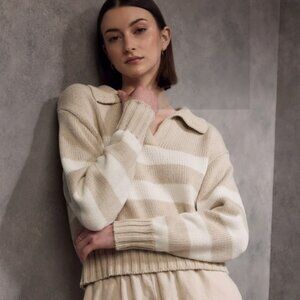Quince Cropped Cotton Polo Sweater  Size: XS Color: Speckled Beige/ivory
